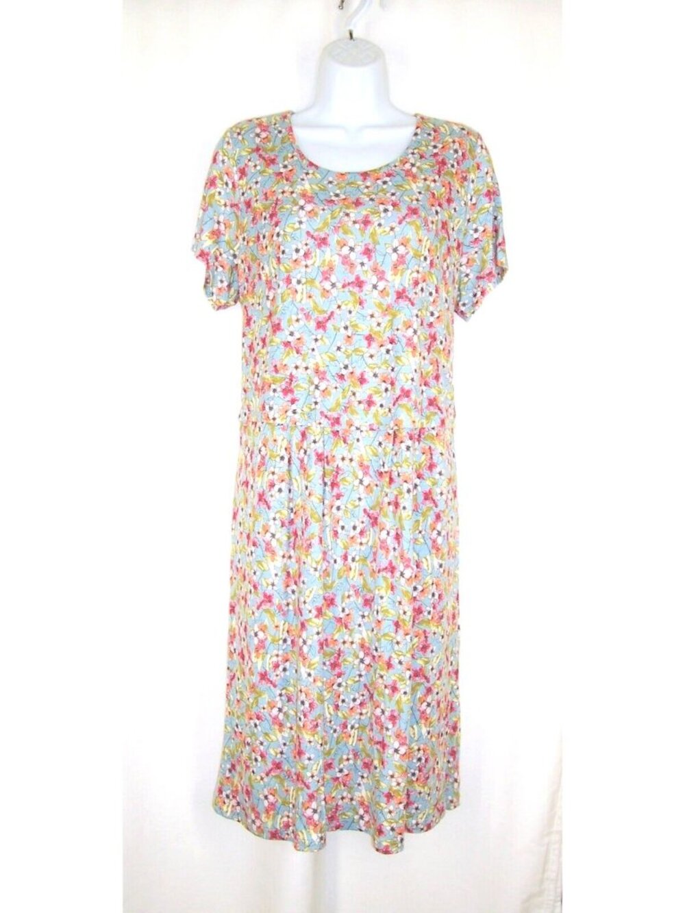 J Jill Blue Floral Dress M Knit Short Sleeve Round Neck Pockets Rayon Spandex